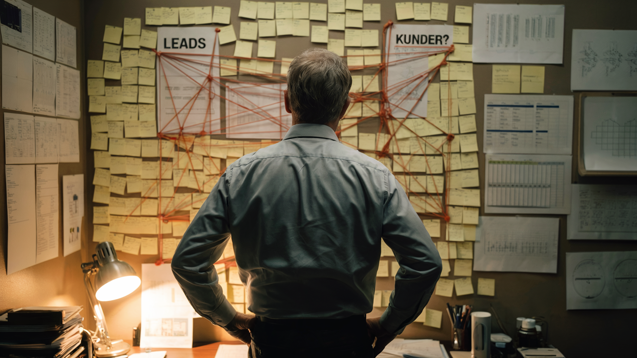 En mand stirrer på en overskuelig væg med post-its, fordi han mangler et CRM-værktøj