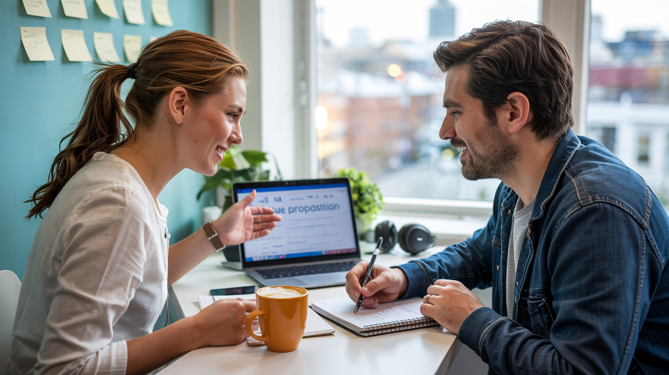 To personer i en startup, som overvejer implementering af HubSpot.